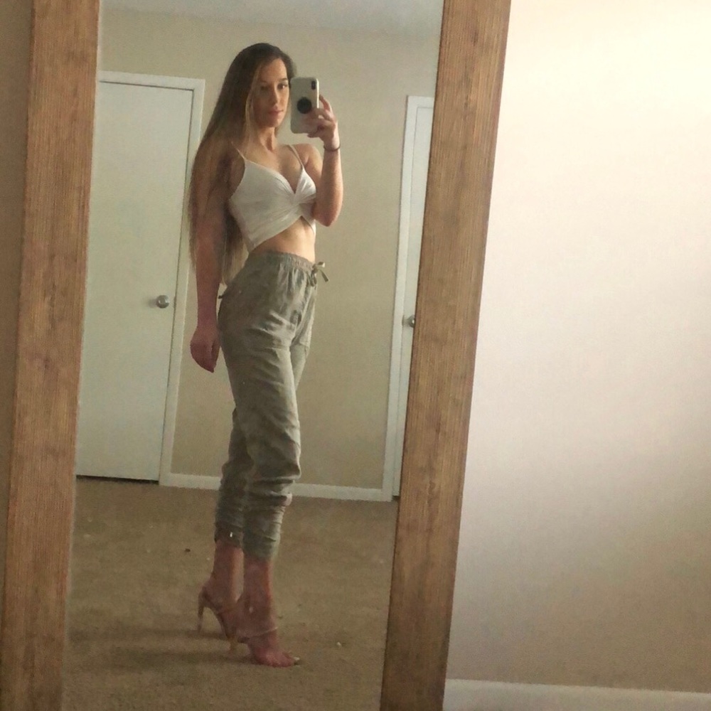 High-waisted light green cargo pants